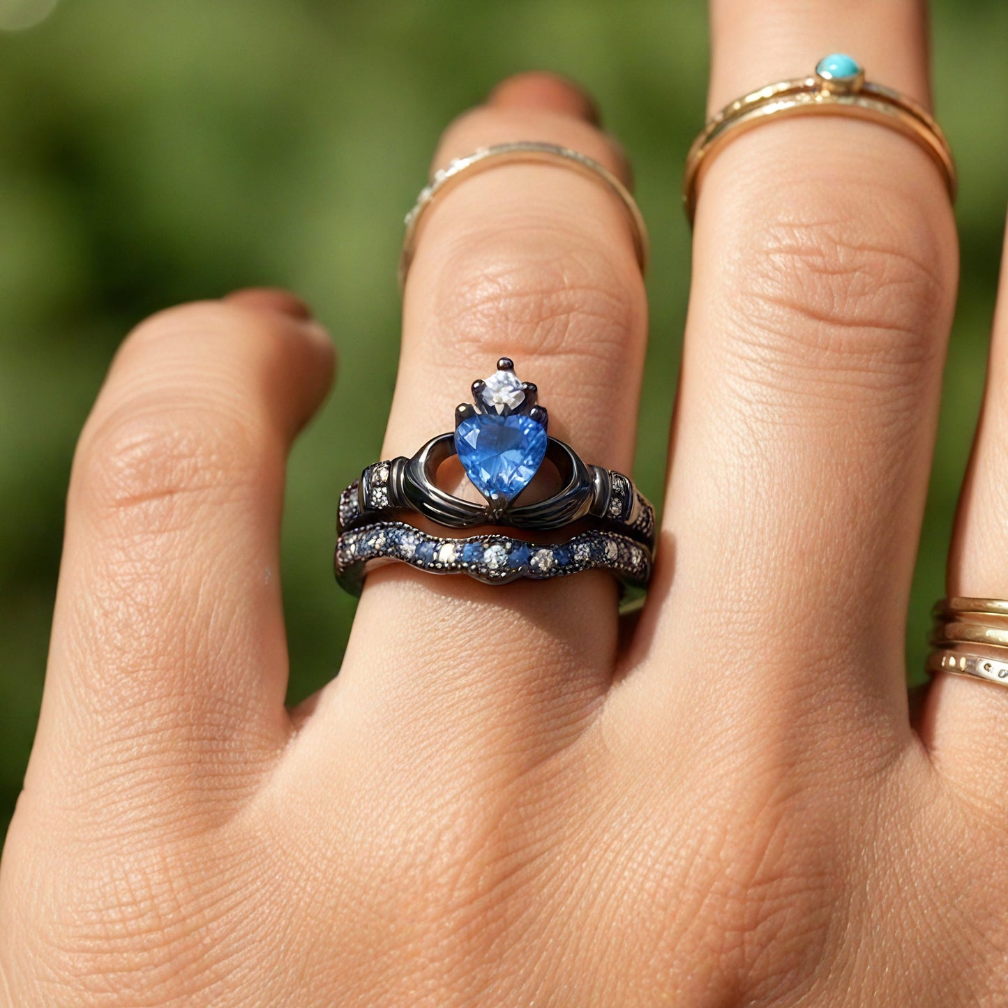 Black Royal Blue Heart Crown Ring