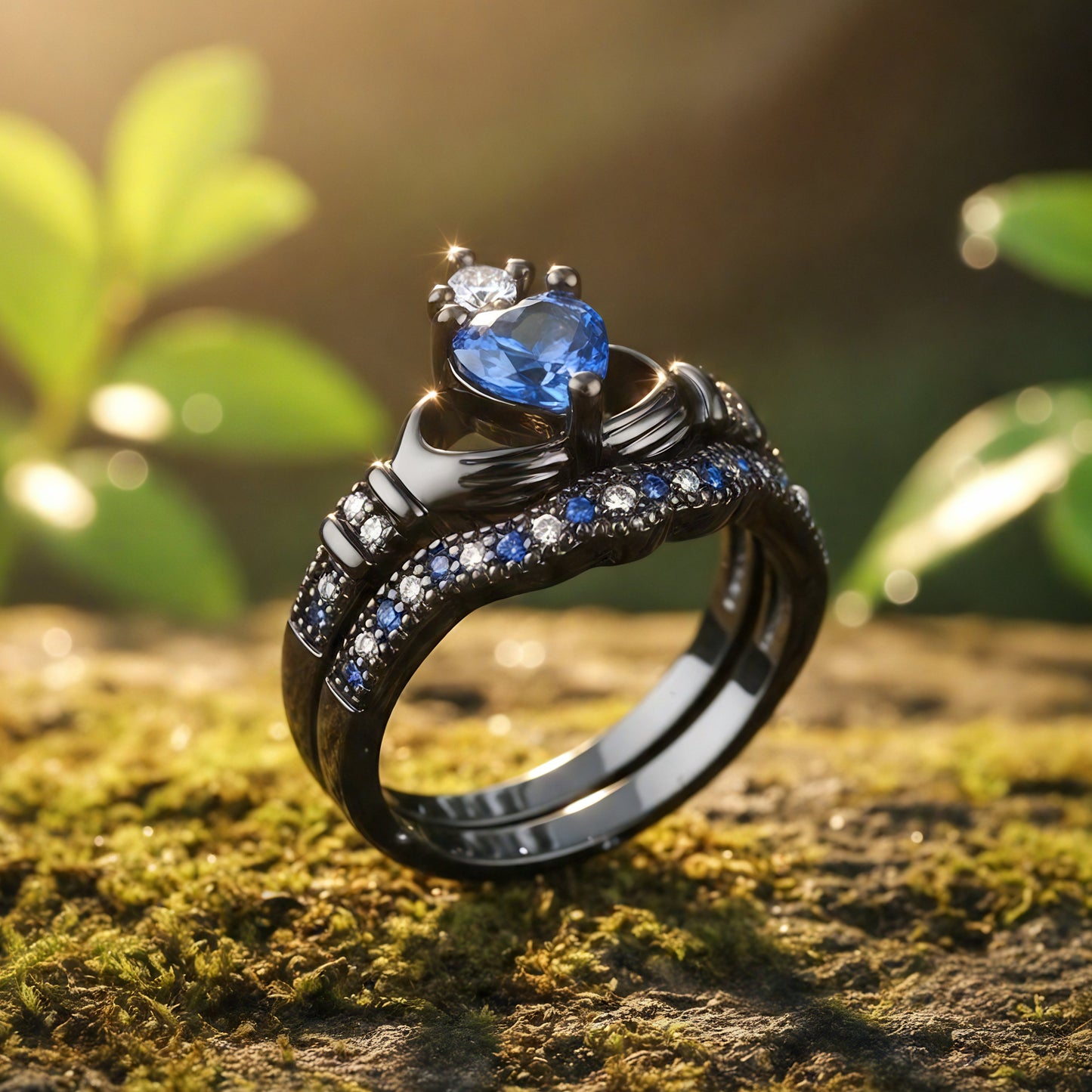Black Royal Blue Heart Crown Ring