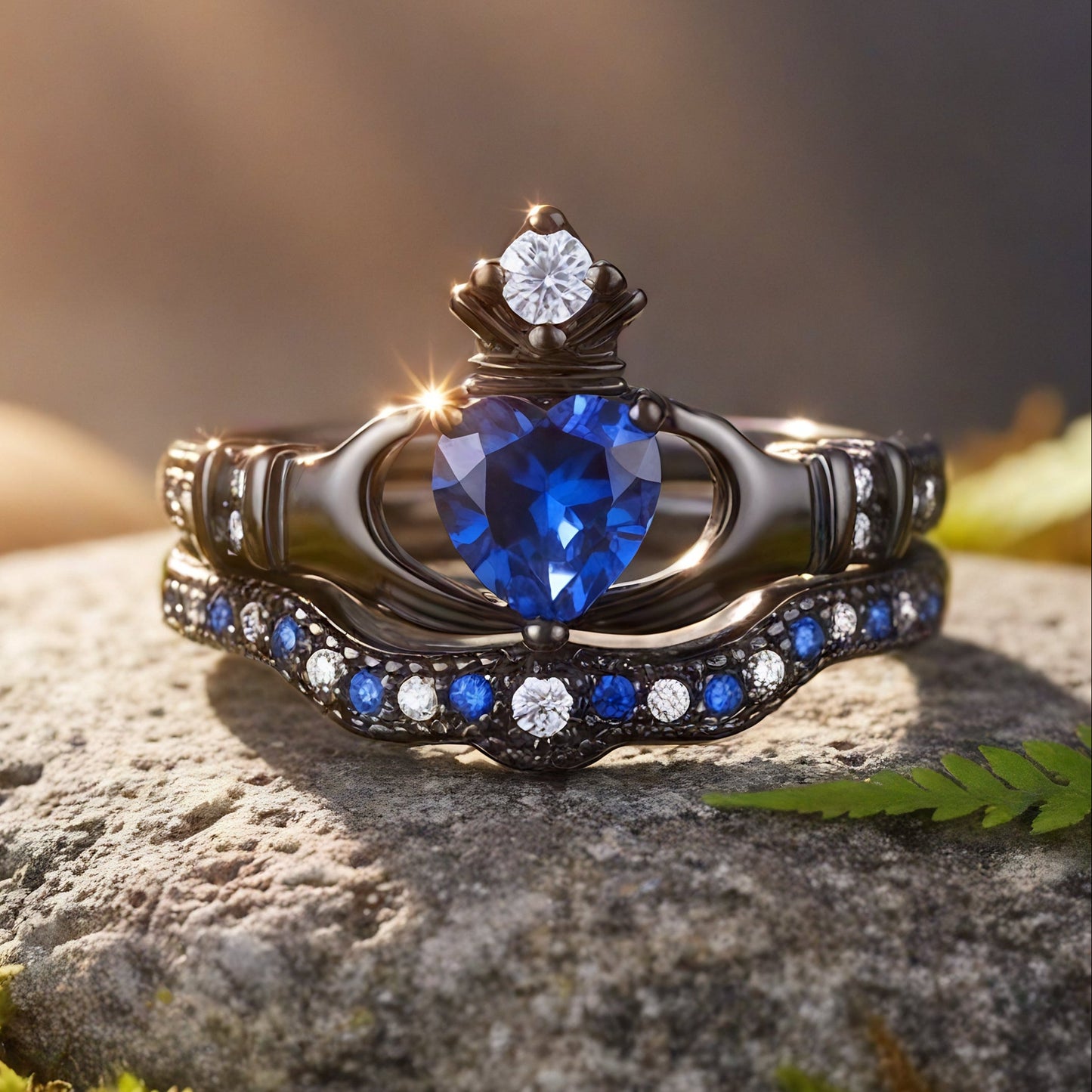 Black Royal Blue Heart Crown Ring