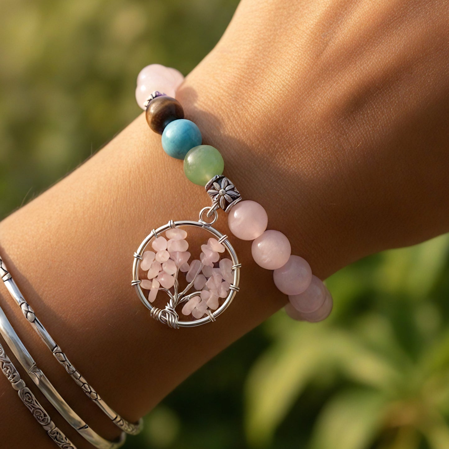 Rose Quartz Chakra Tree of Life Bracelet