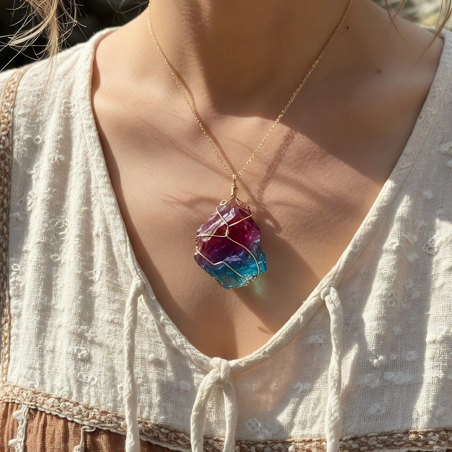Rainbow Aura Raw Crystal Pendant Necklace