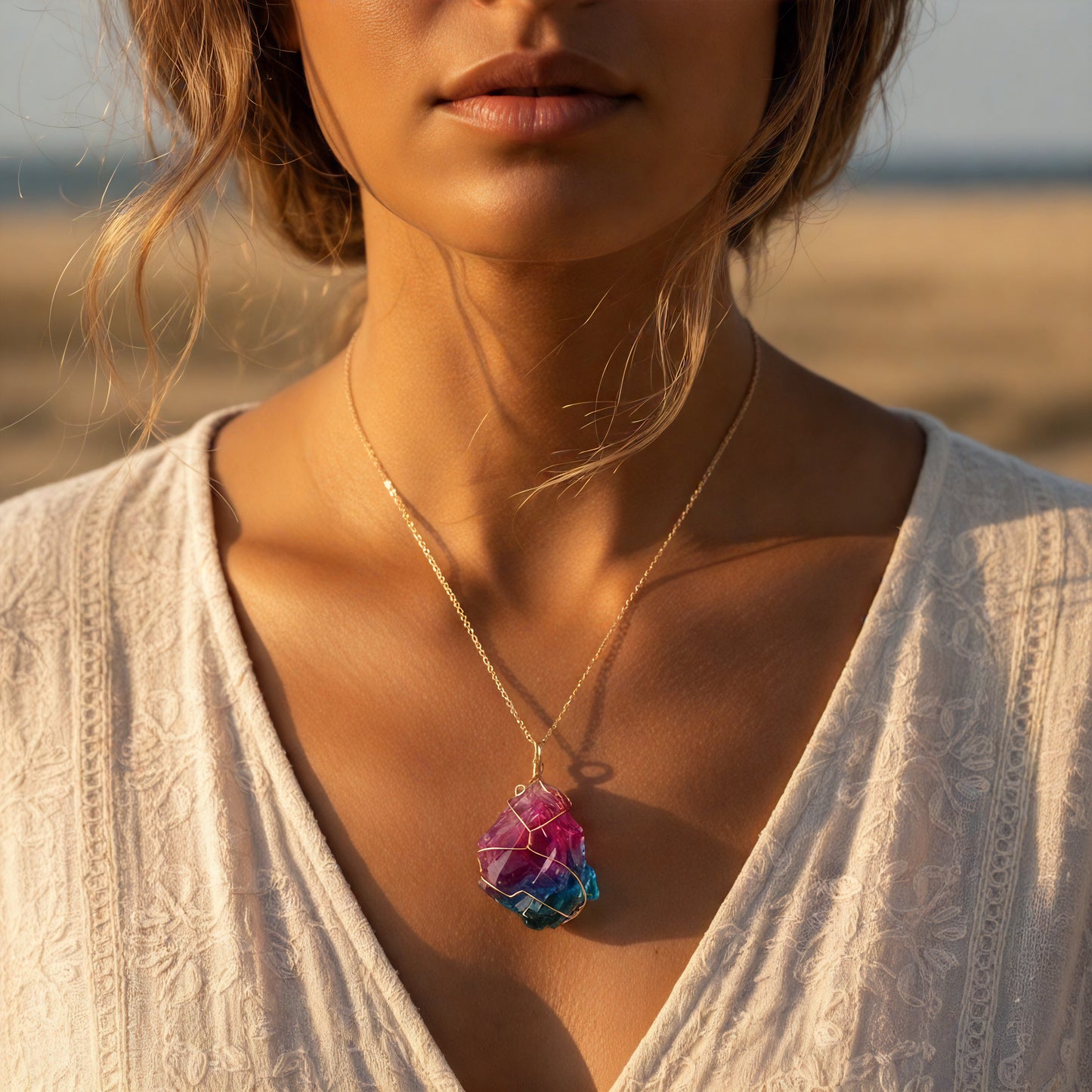 Rainbow Aura Raw Crystal Pendant Necklace