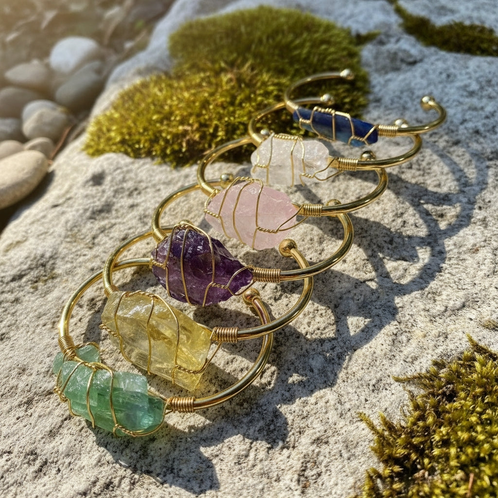 Raw Crystal Wire-Wrapped Cuff Bracelet