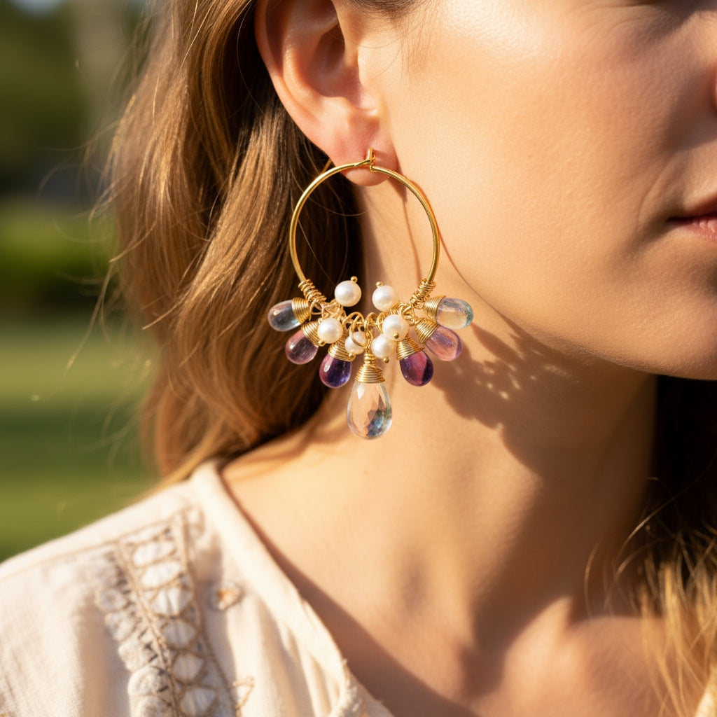 Aurora Pearl Charm Hoop Earrings