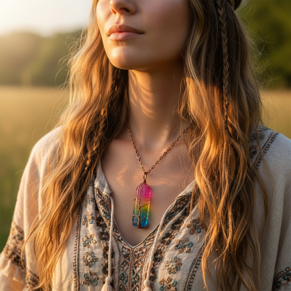 Tree of Life Multicolor Healing Crystal Quartz Pendant