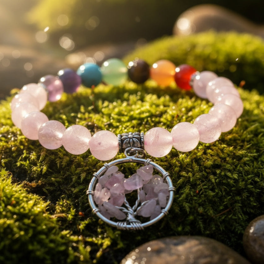 Rose Quartz Chakra Tree of Life Bracelet
