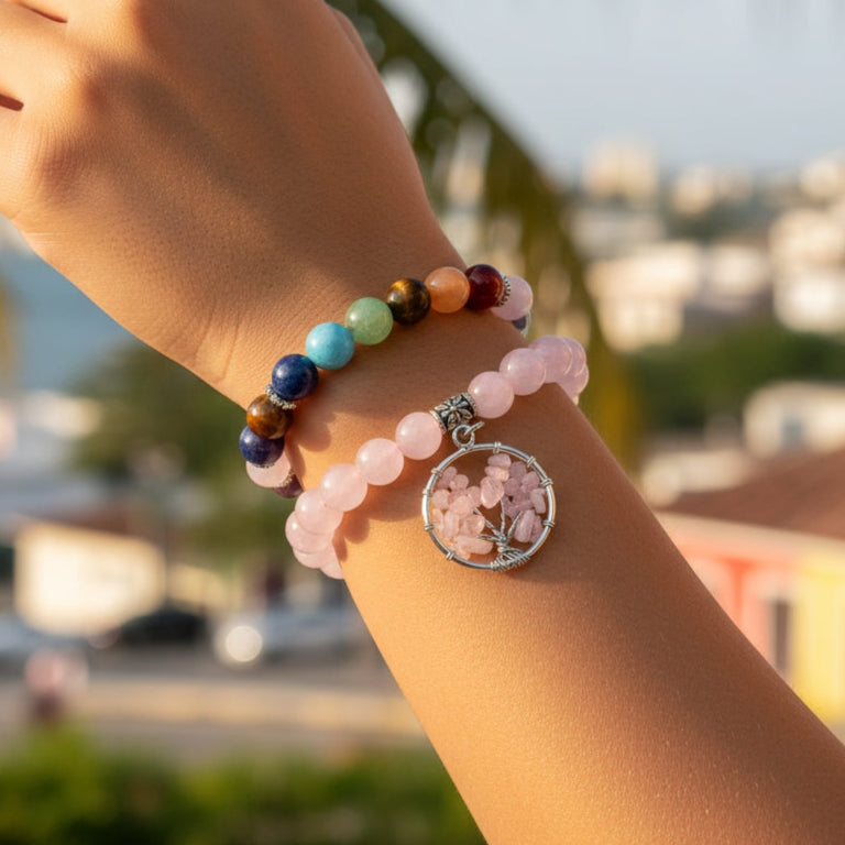 Rose Quartz Chakra Tree of Life Bracelet