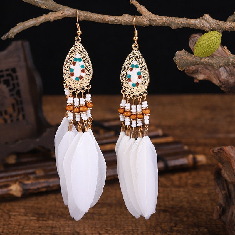 Bohemian Ivory Feather Earrings