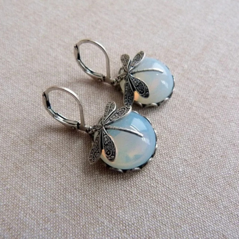 Vintage Moonstone Dragonfly Earrings