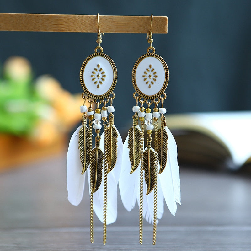 Bohemian Ivory Feather Earrings