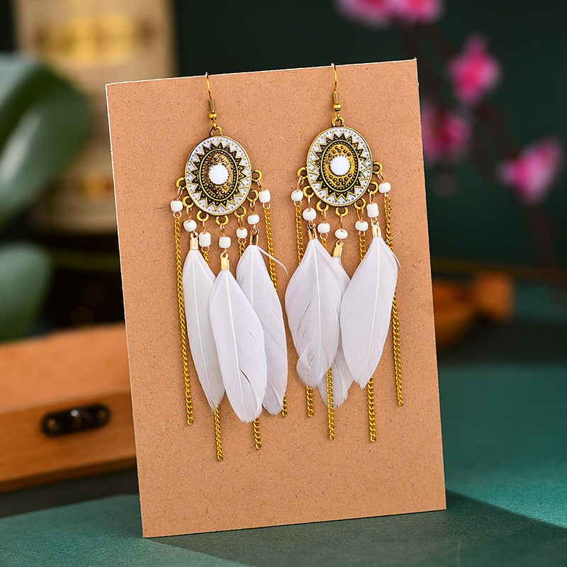 Bohemian Ivory Feather Earrings