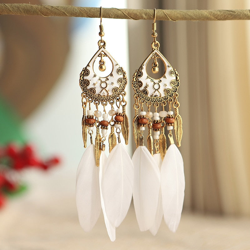 Bohemian Ivory Feather Earrings