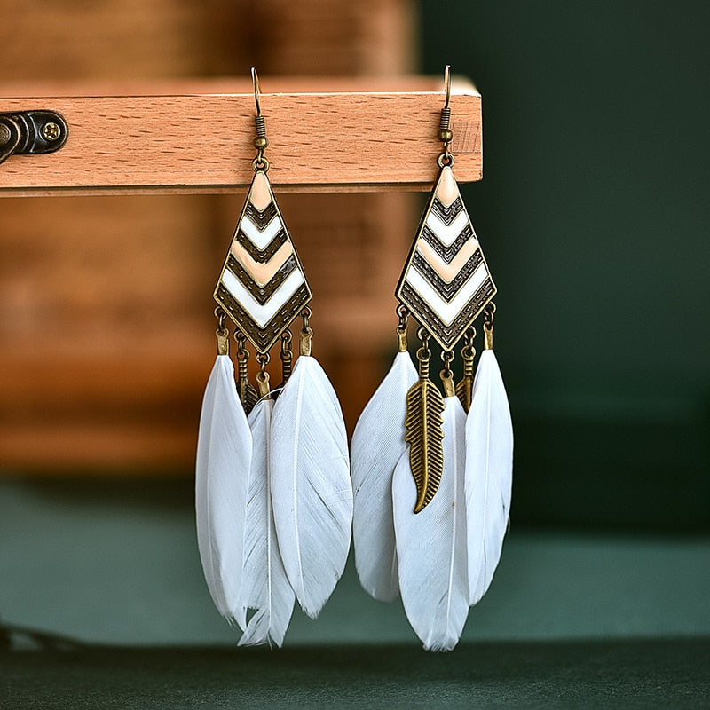 Bohemian Ivory Feather Earrings