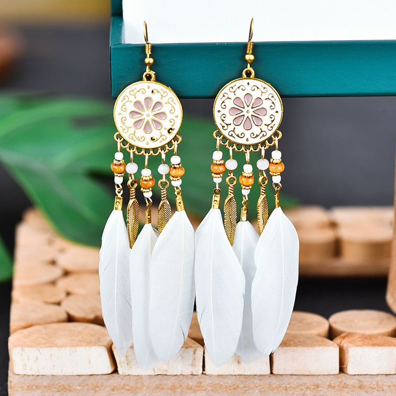 Bohemian Ivory Feather Earrings