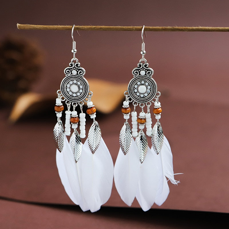 Bohemian Ivory Feather Earrings