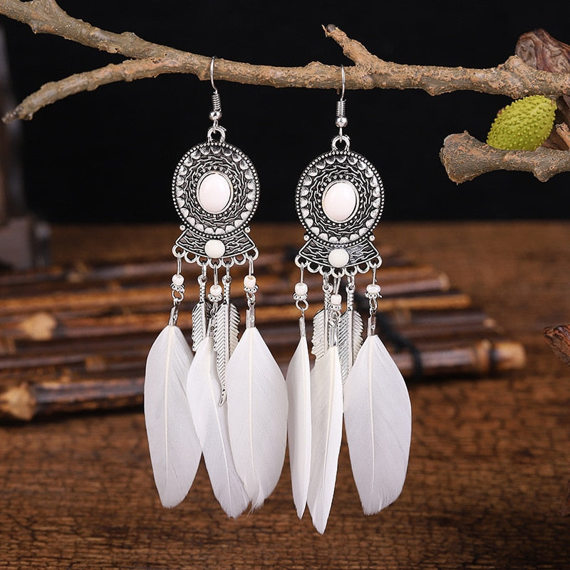 Bohemian Ivory Feather Earrings