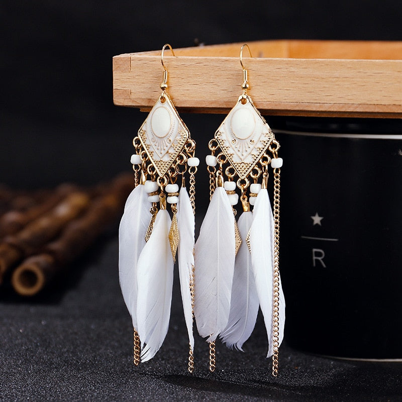 Bohemian Ivory Feather Earrings