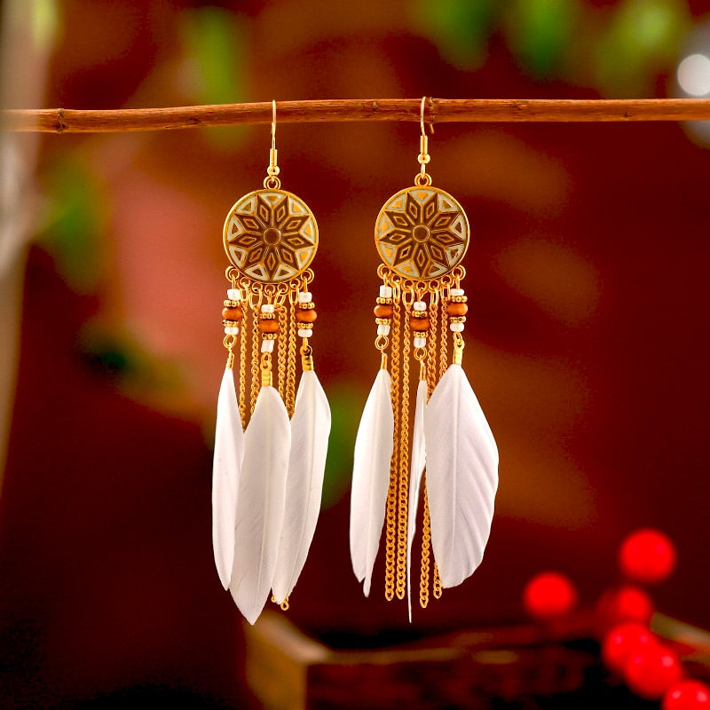 Bohemian Ivory Feather Earrings