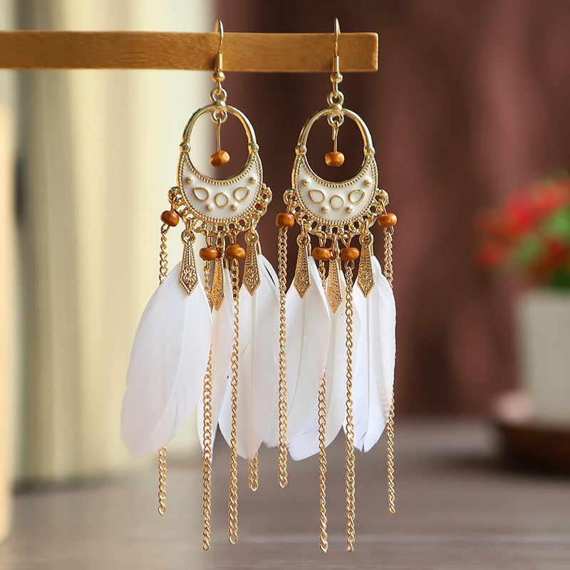 Bohemian Ivory Feather Earrings