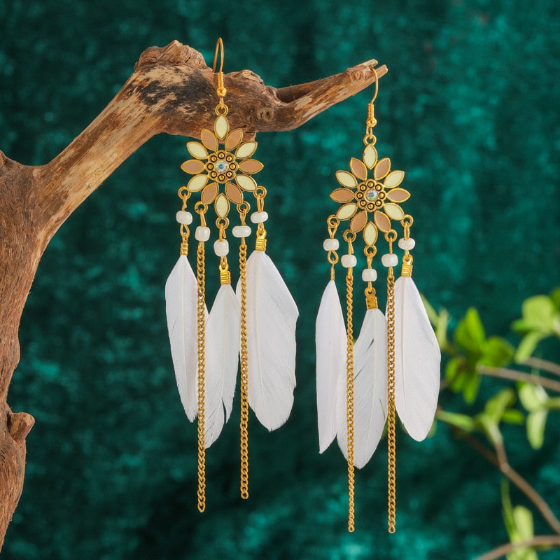 Bohemian Ivory Feather Earrings