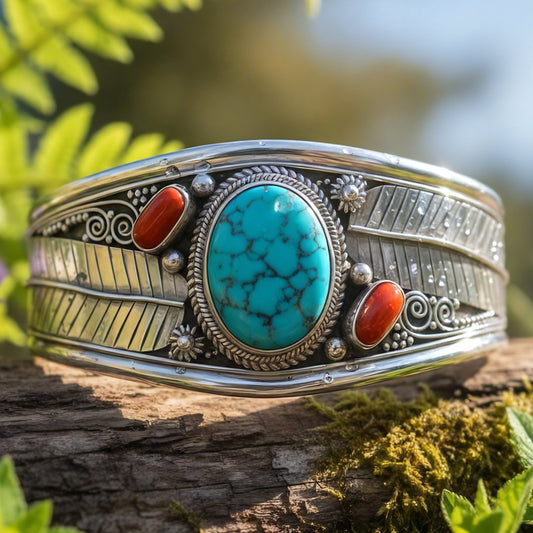Bohemian Turquoise & Coral Vintage Cuff Bracelet