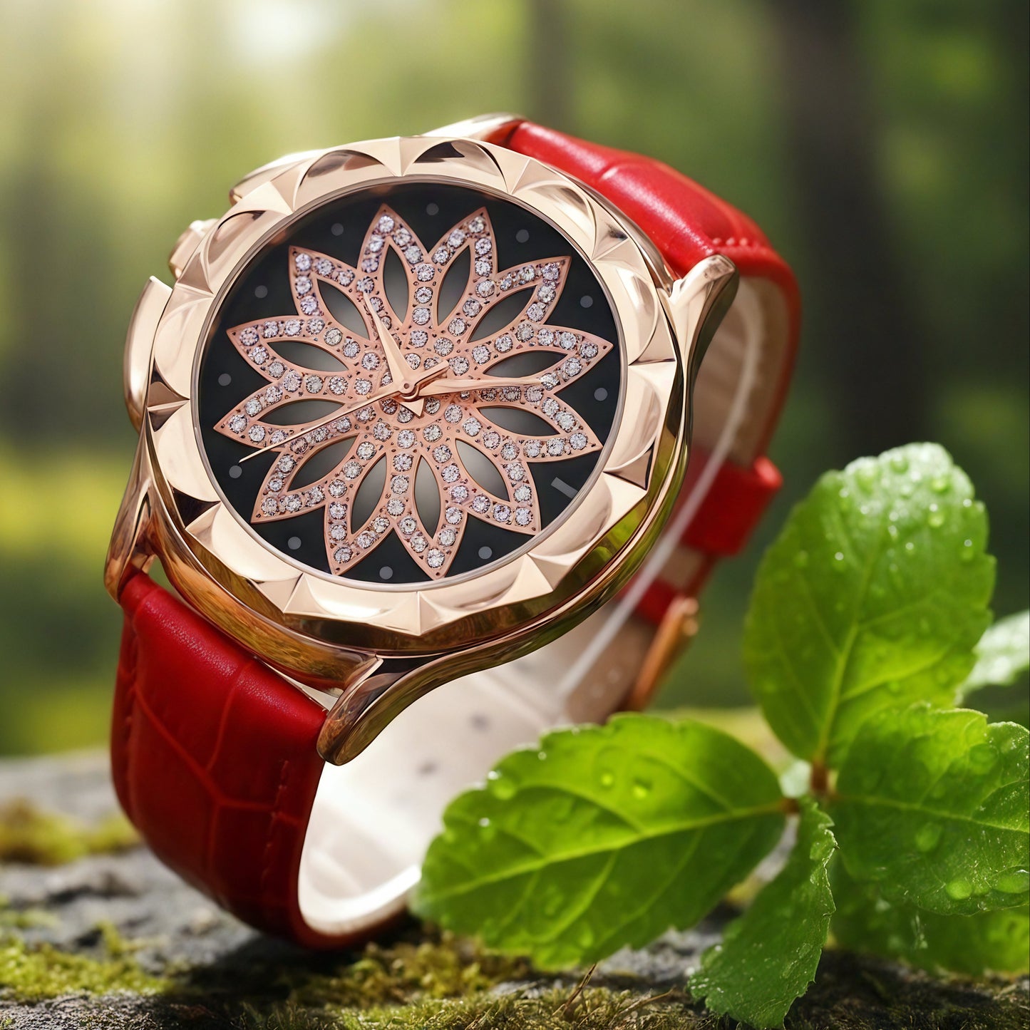 Elegant Rotating Lotus Dial Leather Watch