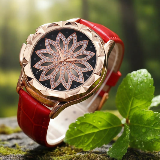 Elegant Rotating Lotus Dial Leather Watch