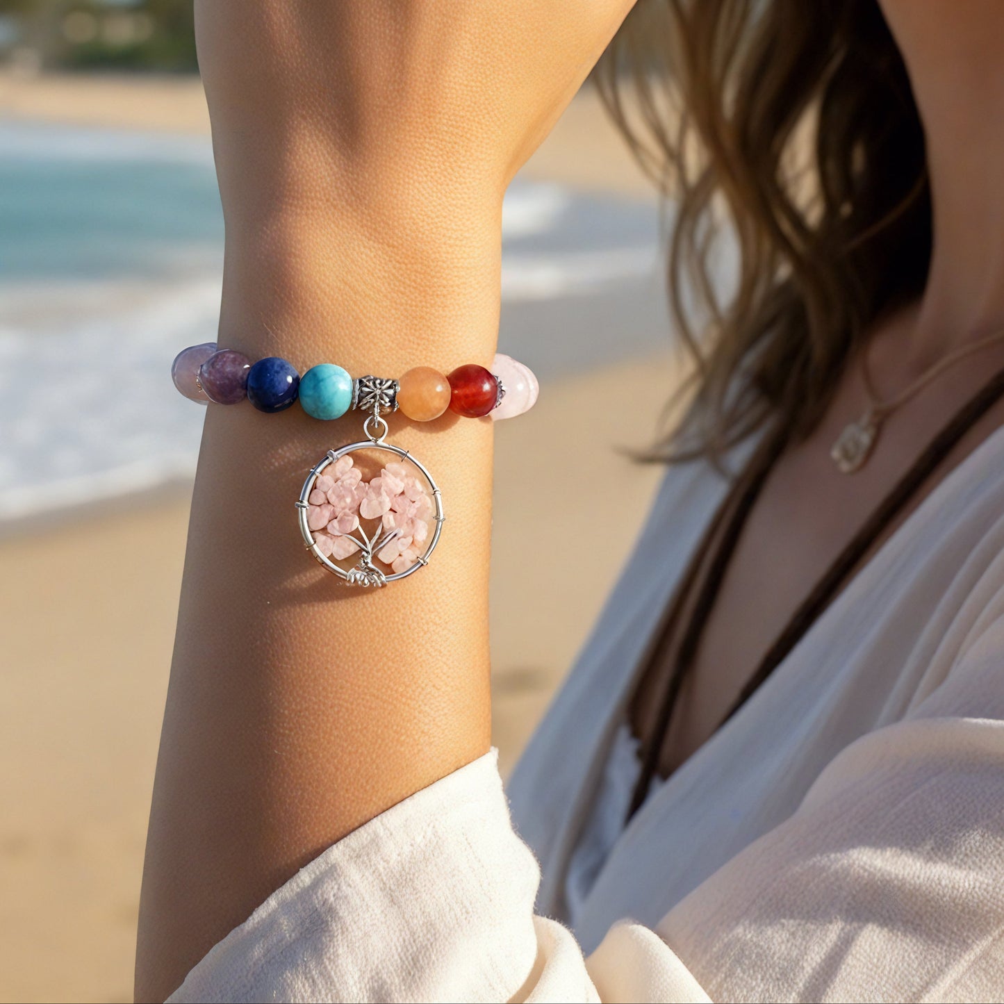 Rose Quartz Chakra Tree of Life Bracelet
