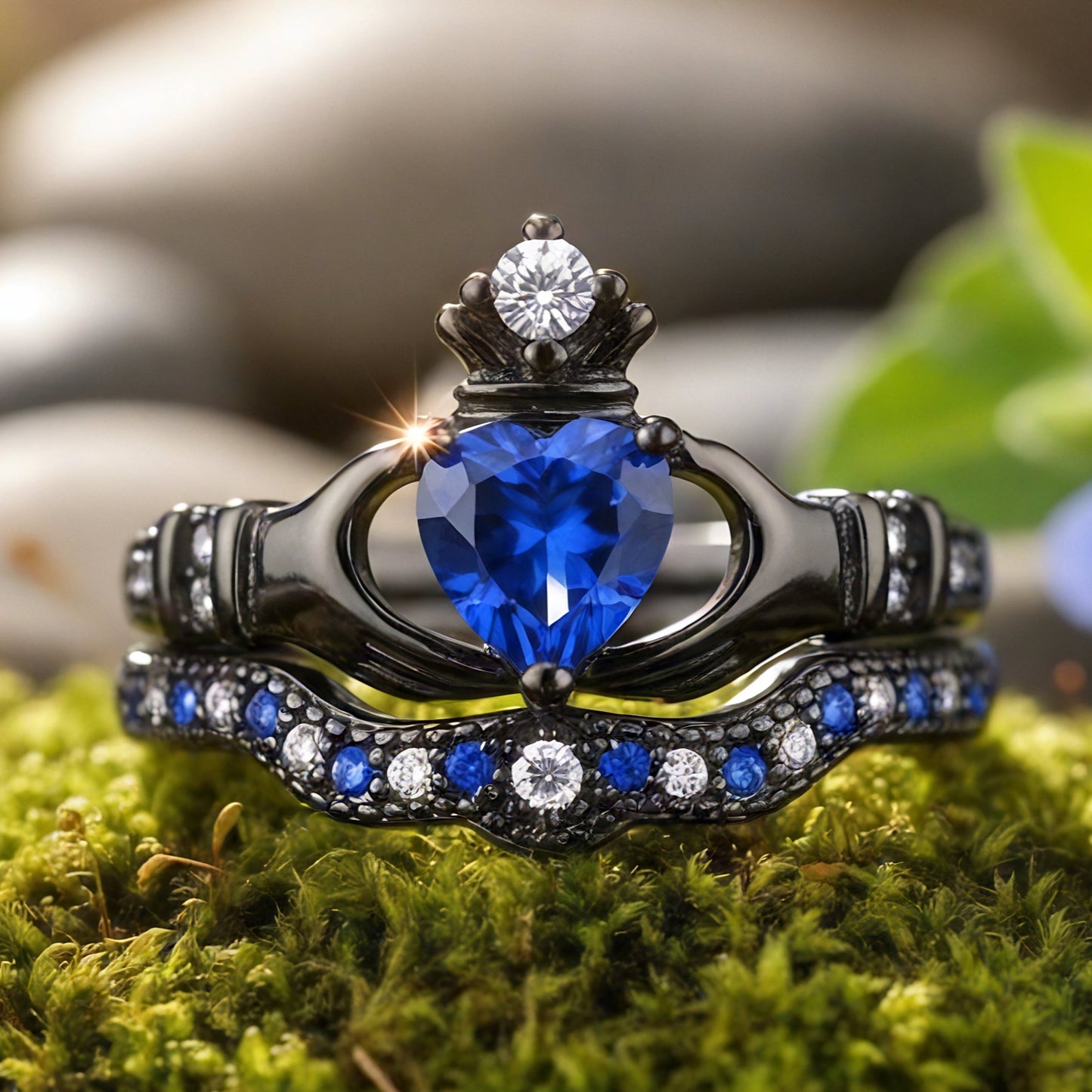 Black Royal Blue Heart Crown Ring