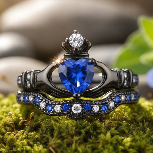 Black Royal Blue Heart Crown Ring