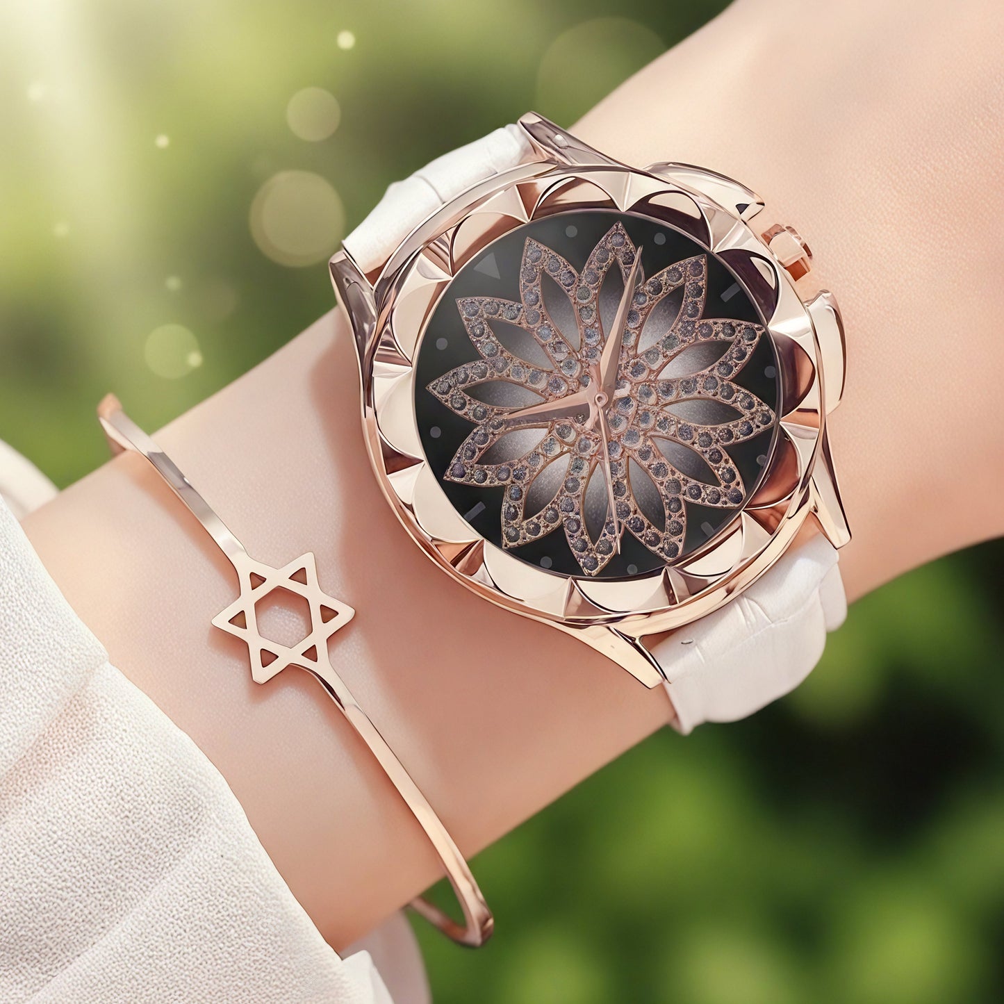 Elegant Rotating Lotus Dial Leather Watch