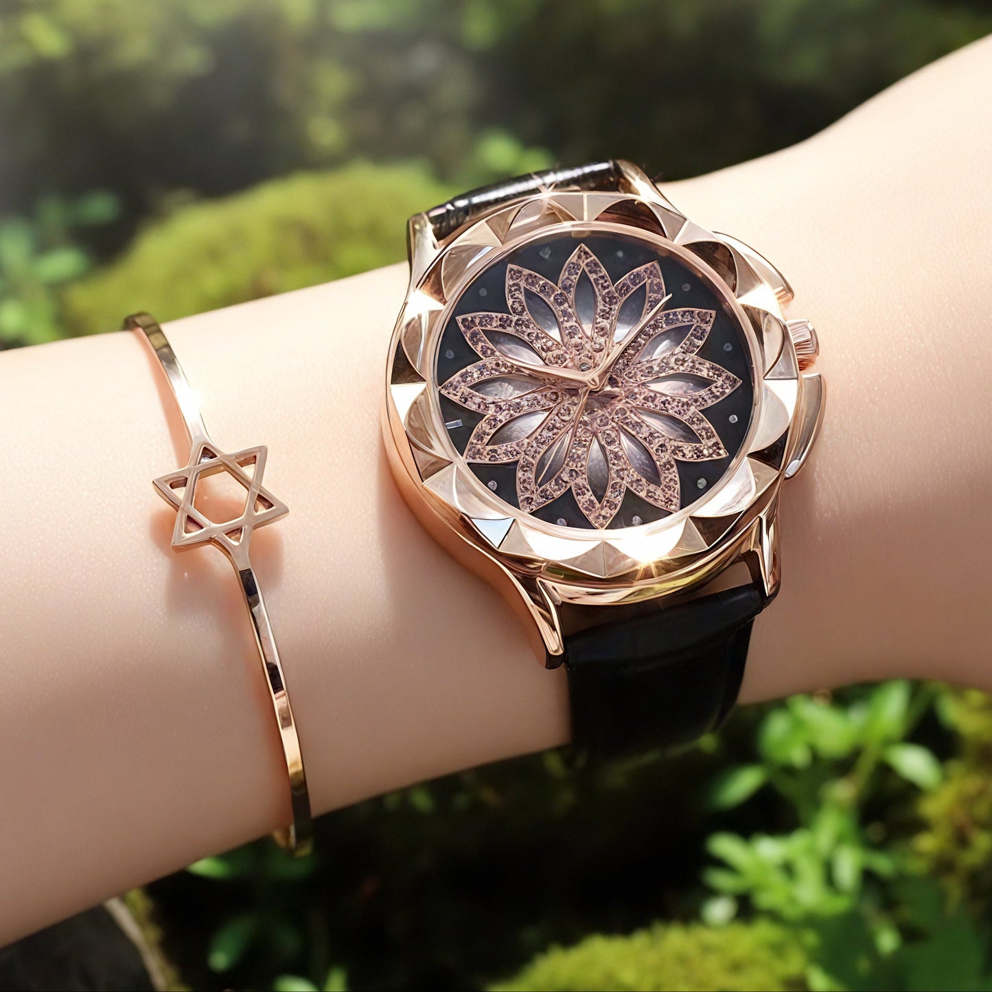 Elegant Rotating Lotus Dial Leather Watch