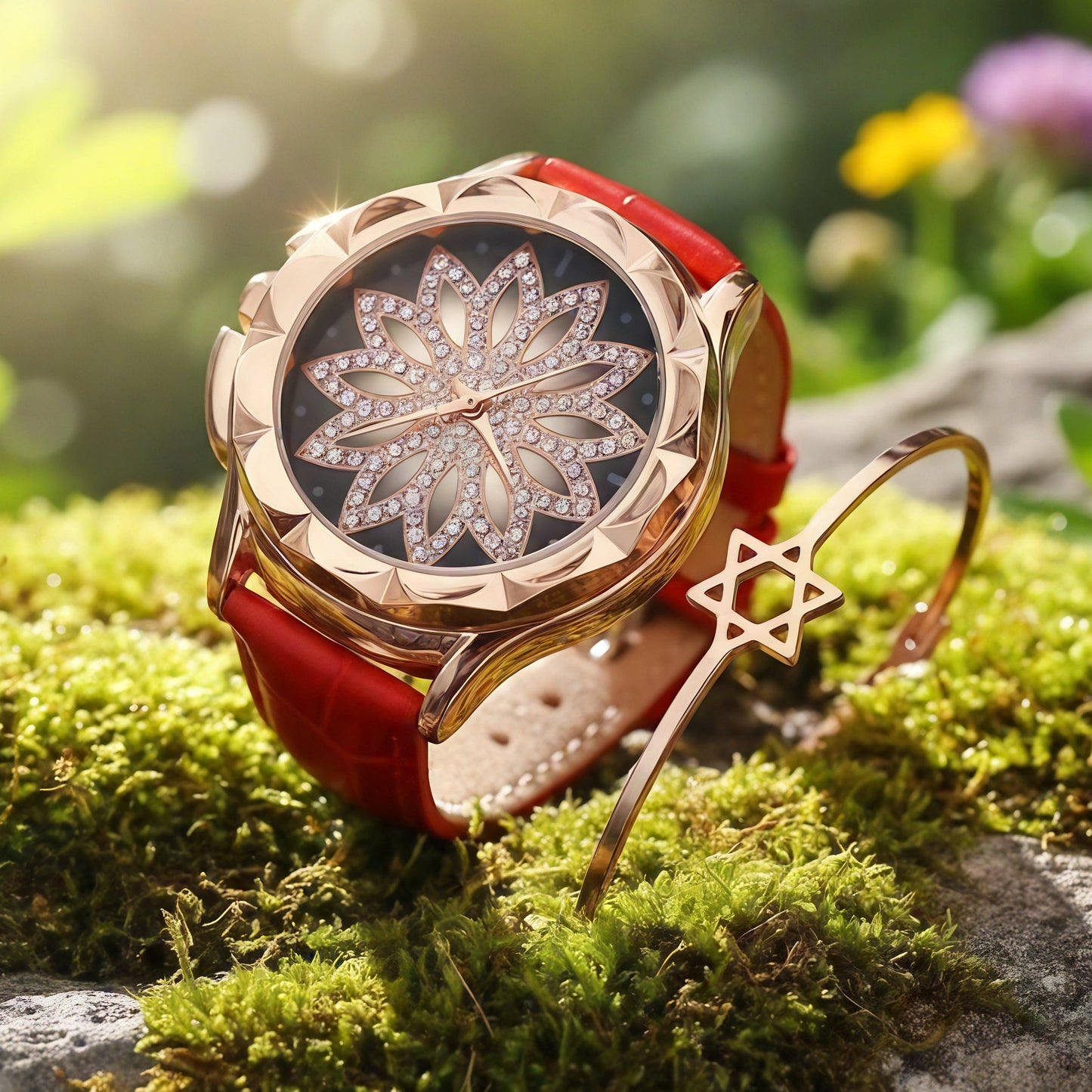 Elegant Rotating Lotus Dial Leather Watch
