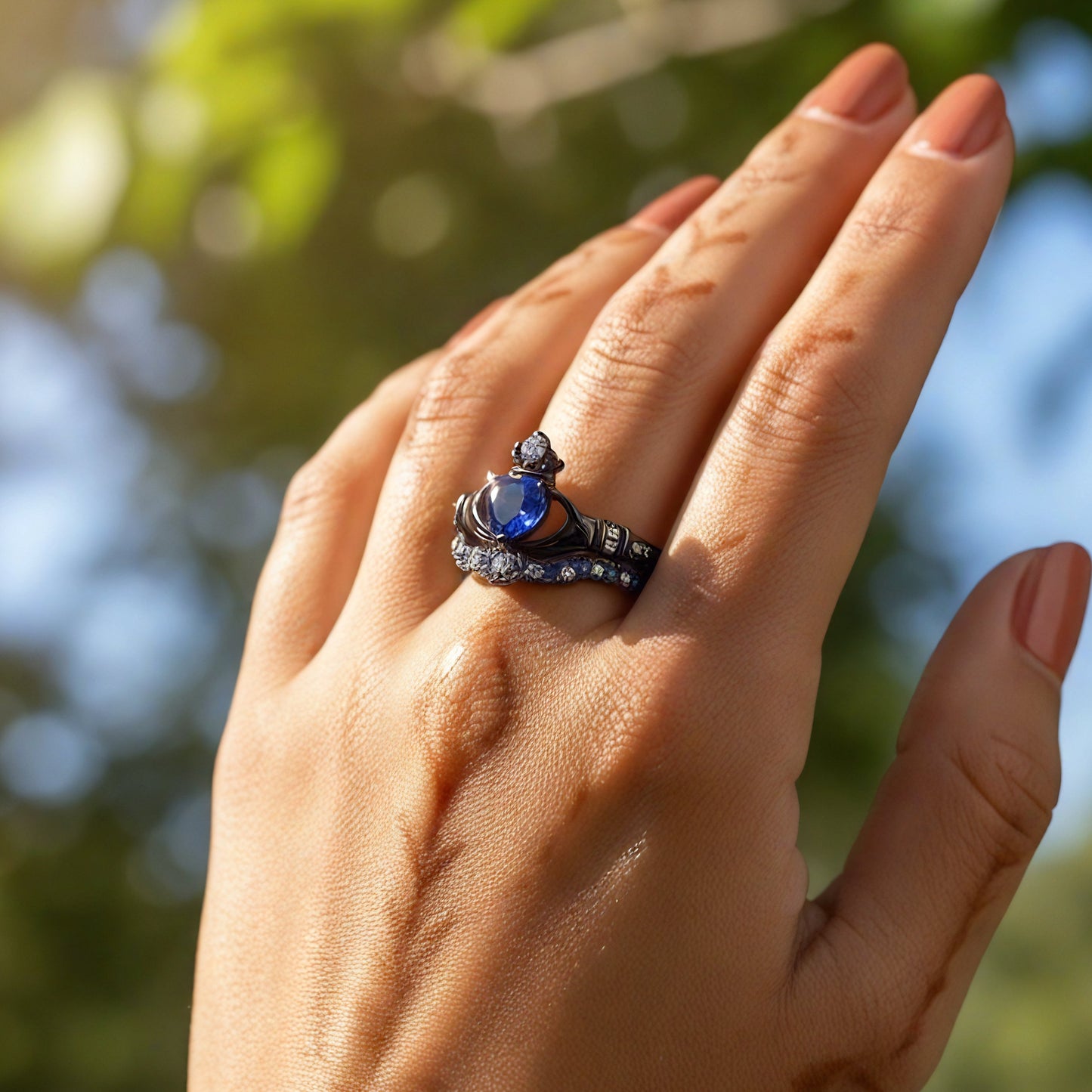 Black Royal Blue Heart Crown Ring
