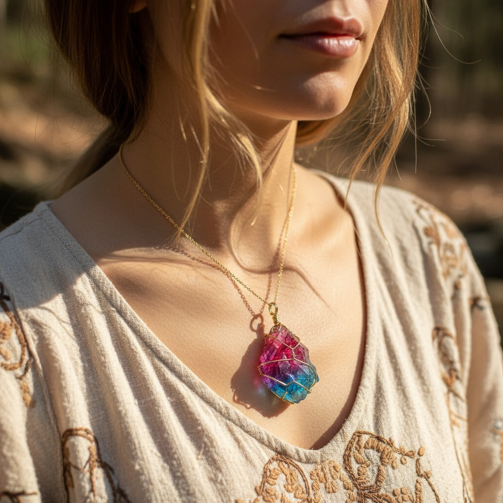 Rainbow Aura Raw Crystal Pendant Necklace