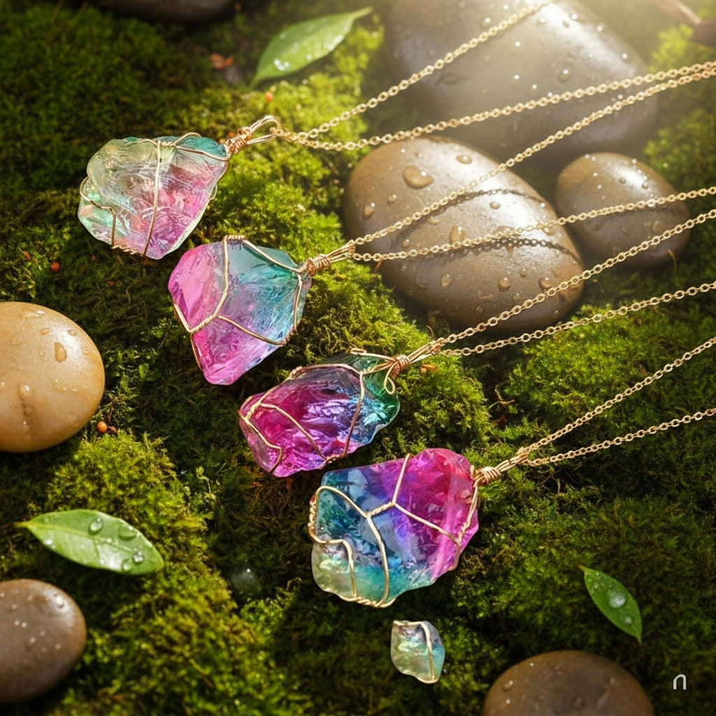 Rainbow Aura Raw Crystal Pendant Necklace