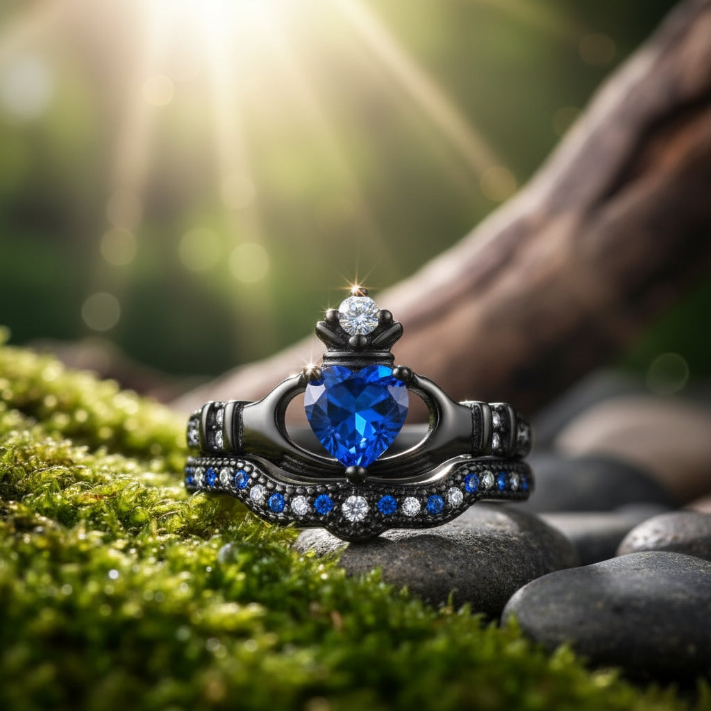 Black Royal Blue Heart Crown Ring