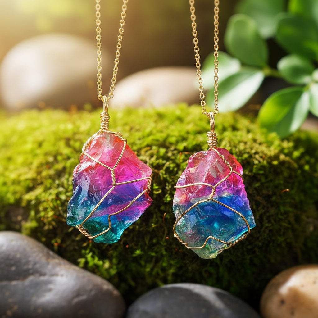 Rainbow Aura Raw Crystal Pendant Necklace