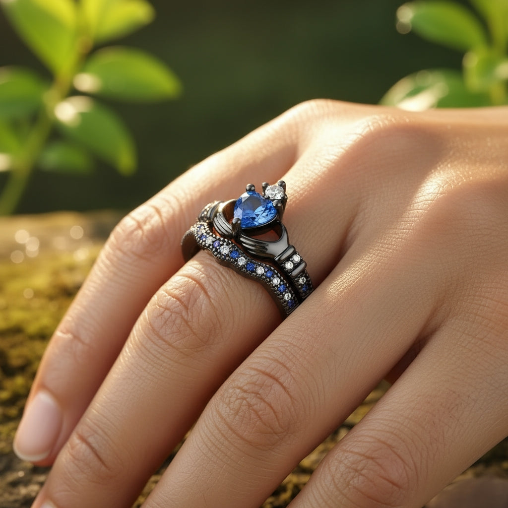 Black Royal Blue Heart Crown Ring