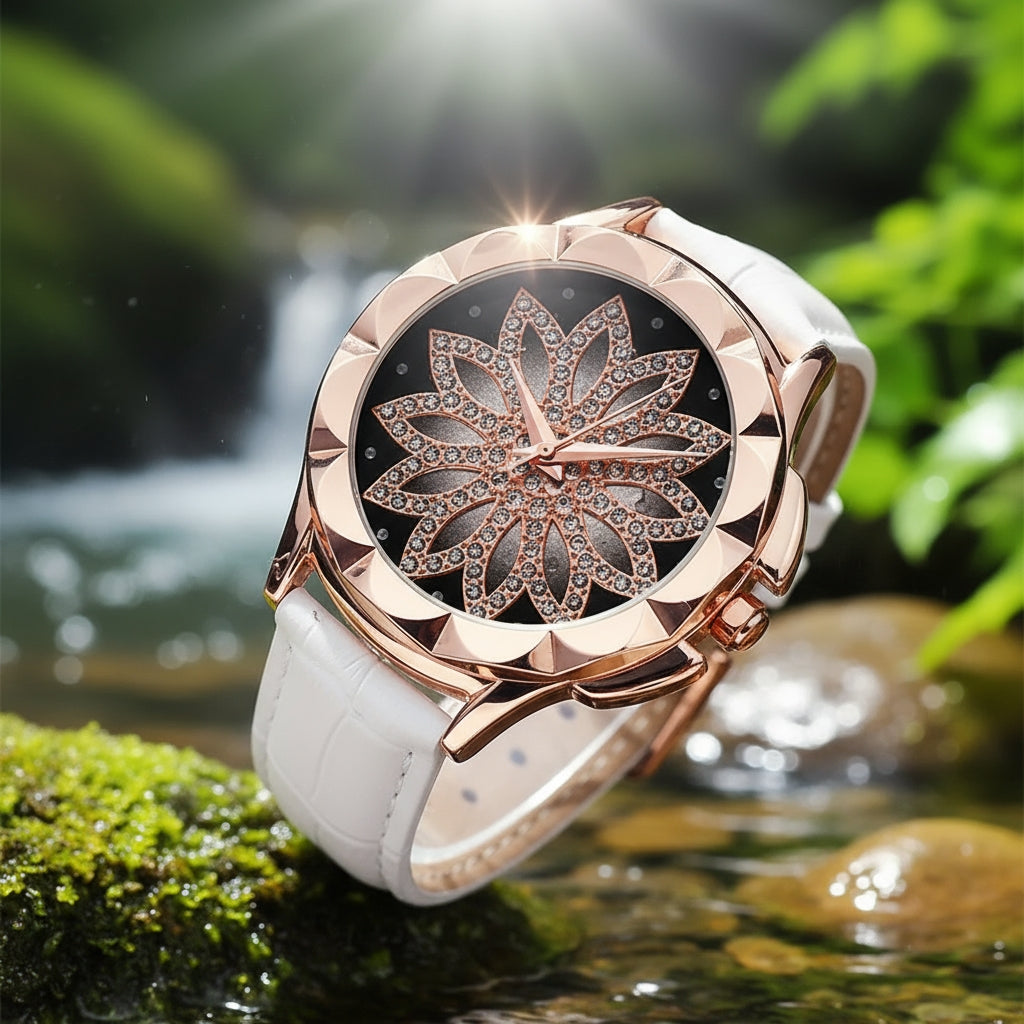 Elegant Rotating Lotus Dial Leather Watch