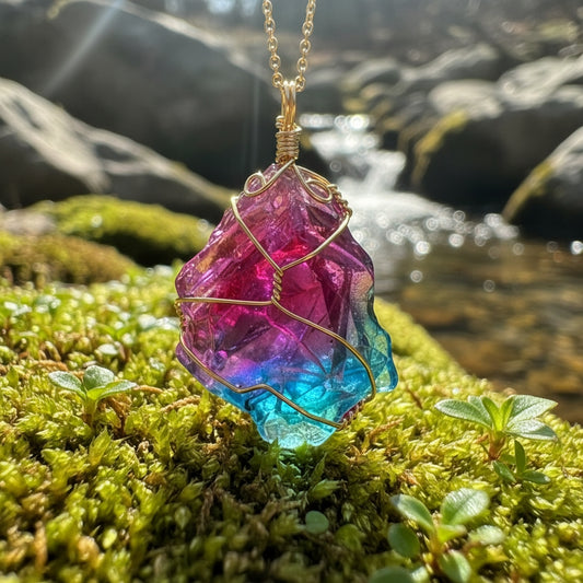 Rainbow Aura Raw Crystal Pendant Necklace