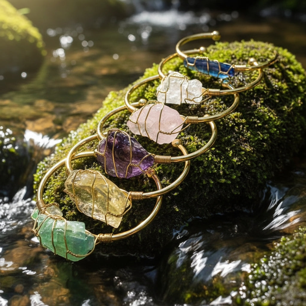 Raw Crystal Wire-Wrapped Cuff Bracelet