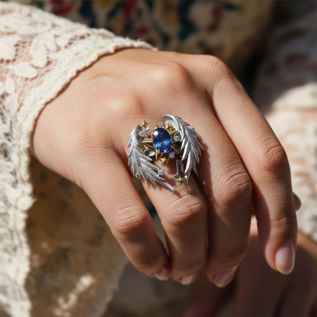 Angel Wings Sapphire Star Ring