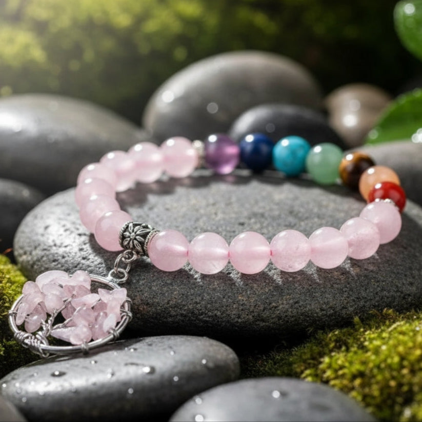 Rose Quartz Chakra Tree of Life Bracelet