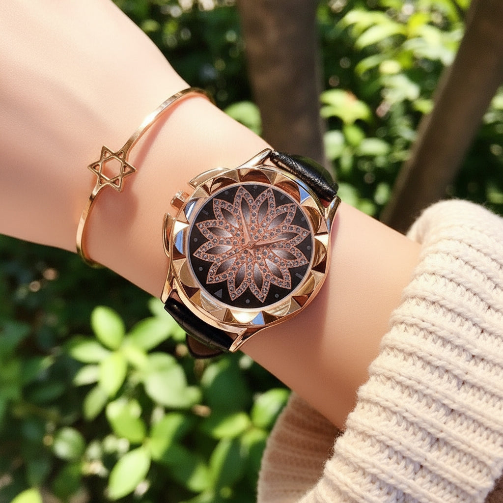 Elegant Rotating Lotus Dial Leather Watch