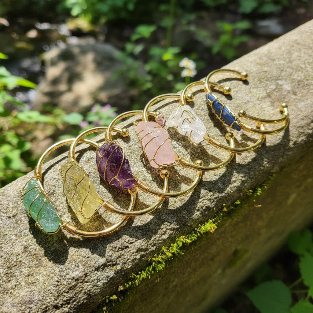 Raw Crystal Wire-Wrapped Cuff Bracelet