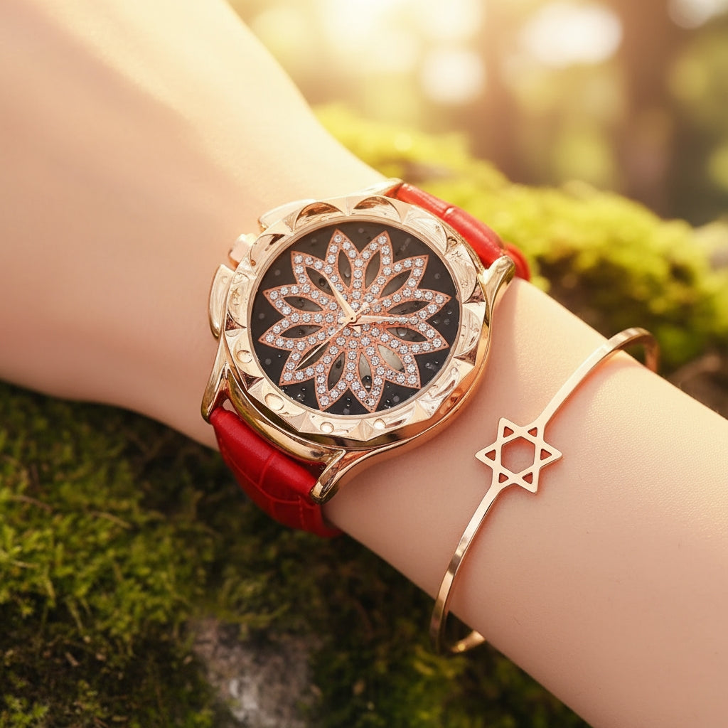 Elegant Rotating Lotus Dial Leather Watch