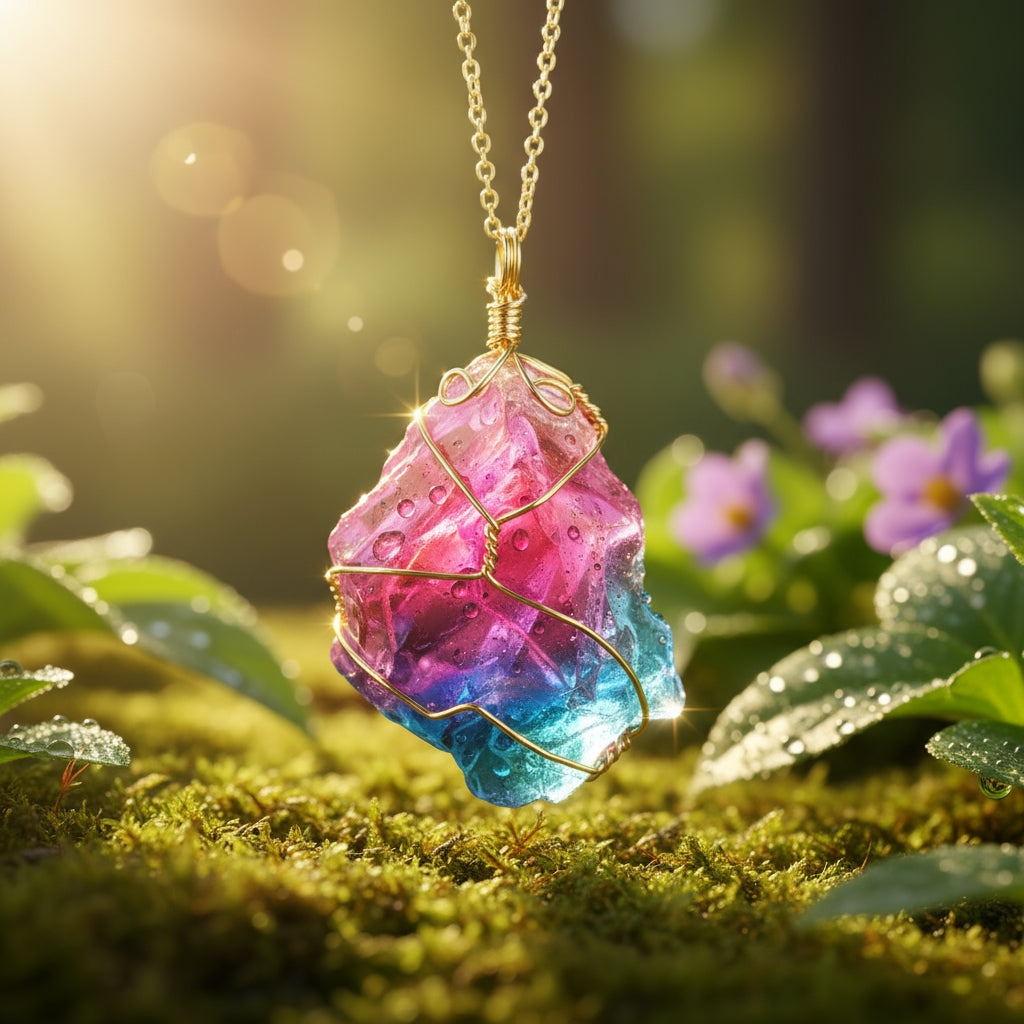 Rainbow Aura Raw Crystal Pendant Necklace
