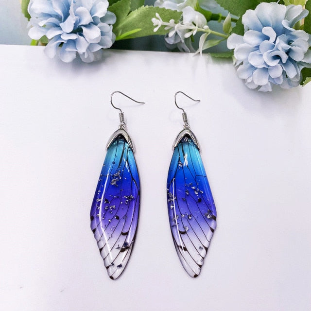 Fantasy Fairy Wing Earrings Lemon Yellow Iridescent 